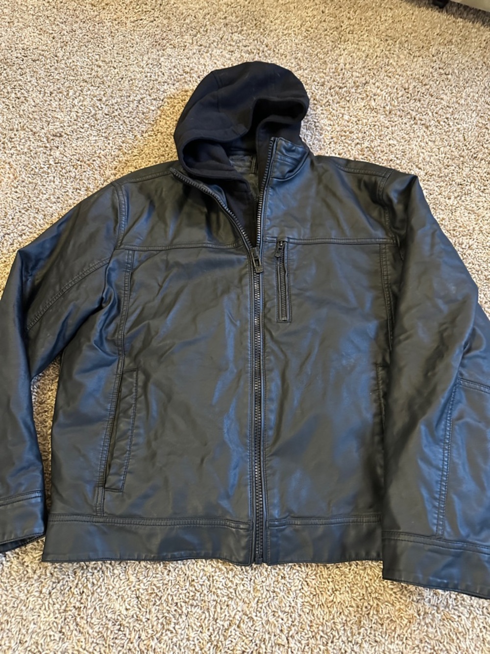 Calvin Klein Black Faux Leather Hooded Bomber Jacket Removable Hood Size Large